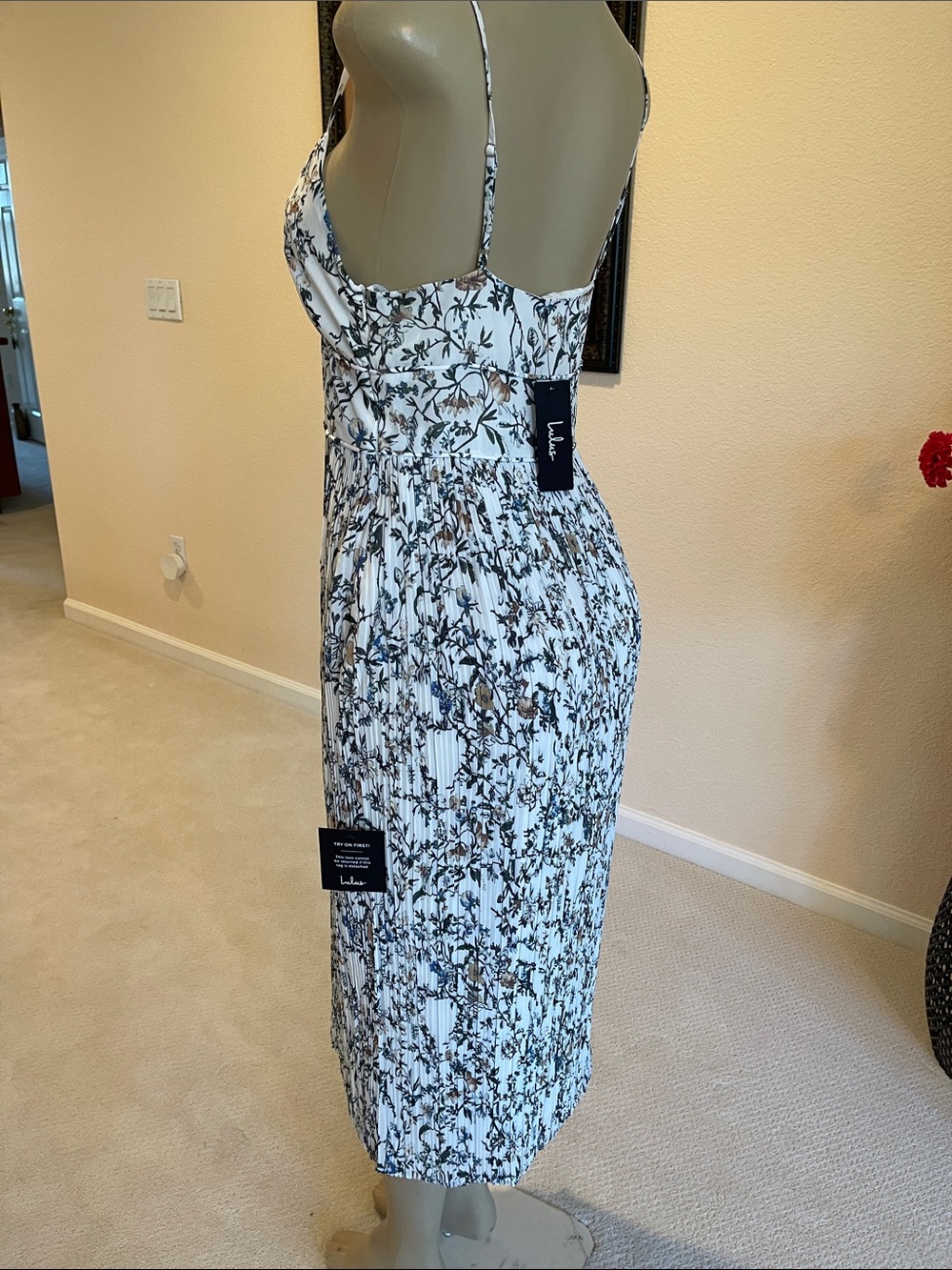 Lulu's Cream Midi Dress with Navy Floral Print - Picture 3 of 8